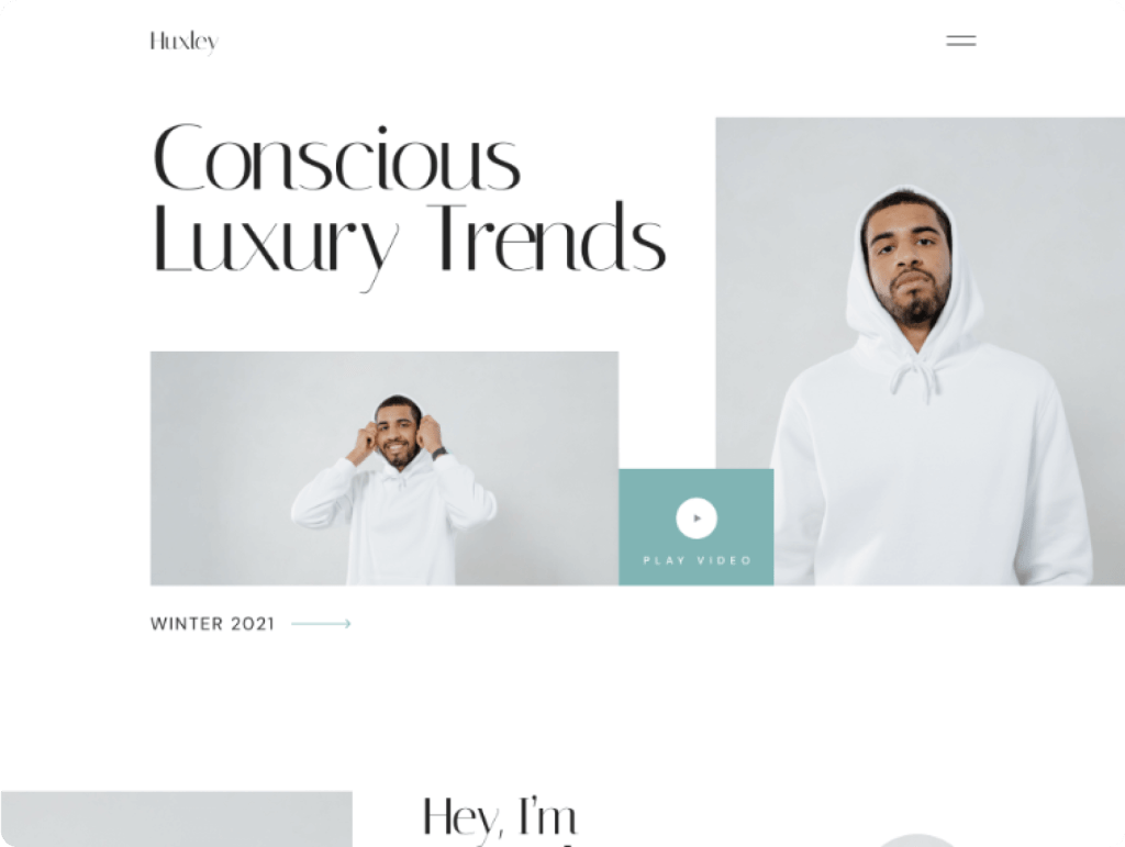 Hero banner: 'Conscious Luxury Trends' with two images of a man in a white hoodie on light gray backgrounds, fashion editorial layout.