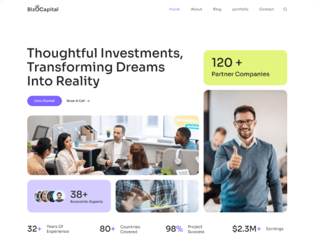 Hero section: bold headline about thoughtful investments with a lime badge saying '120+ Partner Companies' and a purple 'Get Started' button beside office imagery.