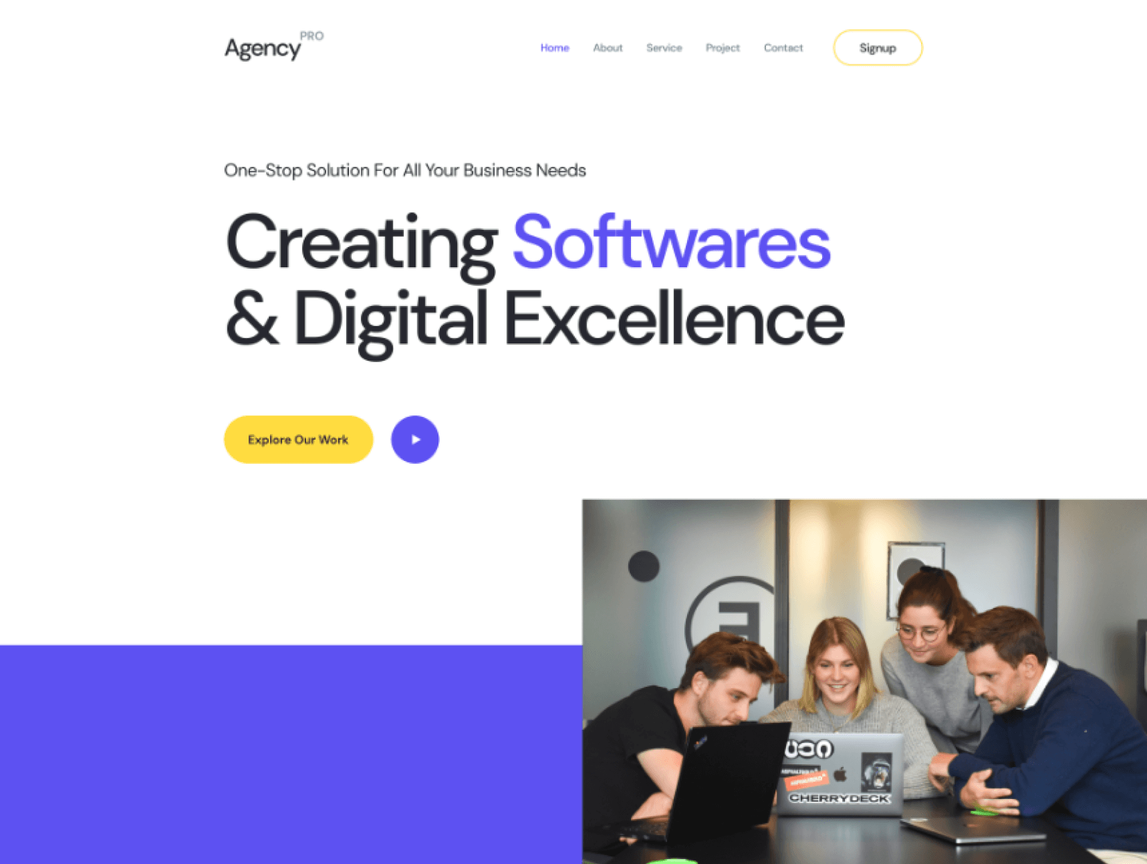 Hero section: bold headline 'Creating Softwares & Digital Excellence' with purple emphasis, yellow CTA button and purple play button above a group photo panel nearby.