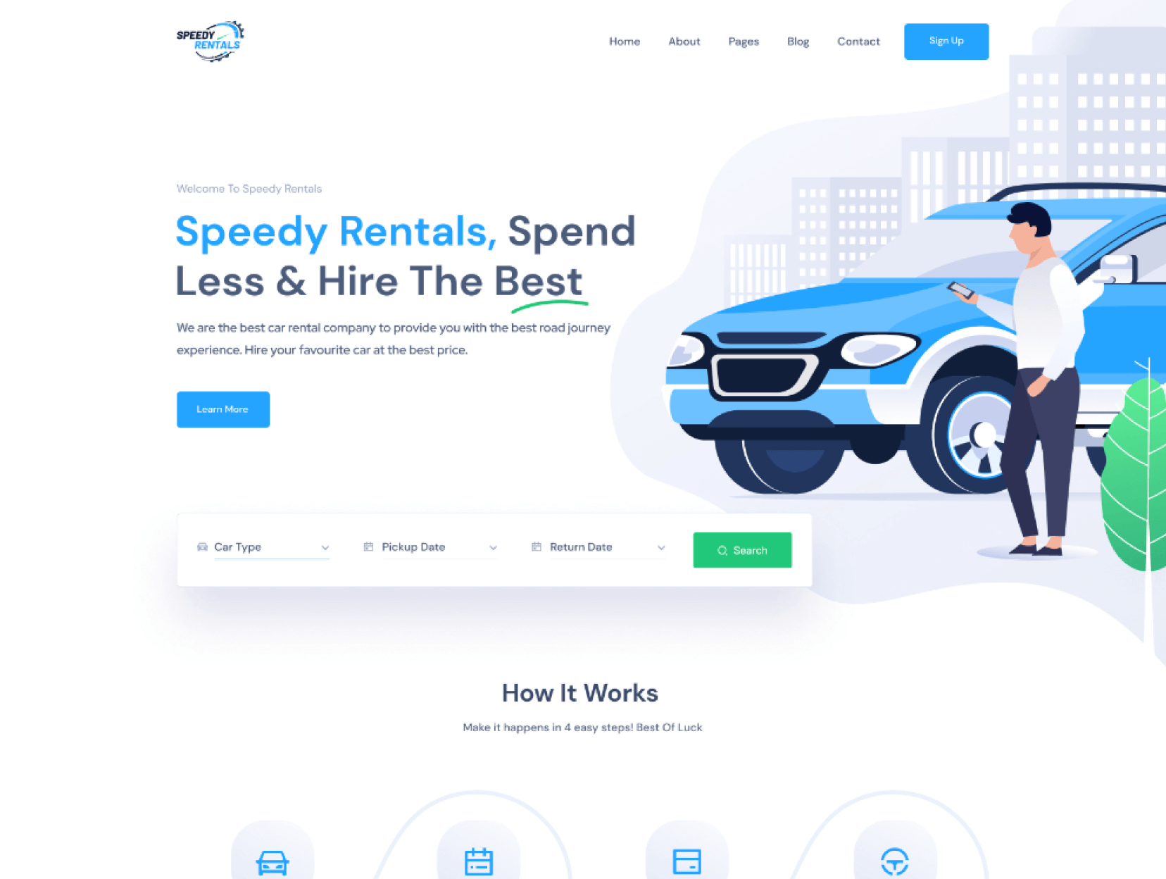 Hero section for Speedy Rentals with headline 'Speedy Rentals, Spend Less & Hire The Best' and a blue car illustration on the right with a Learn More button.