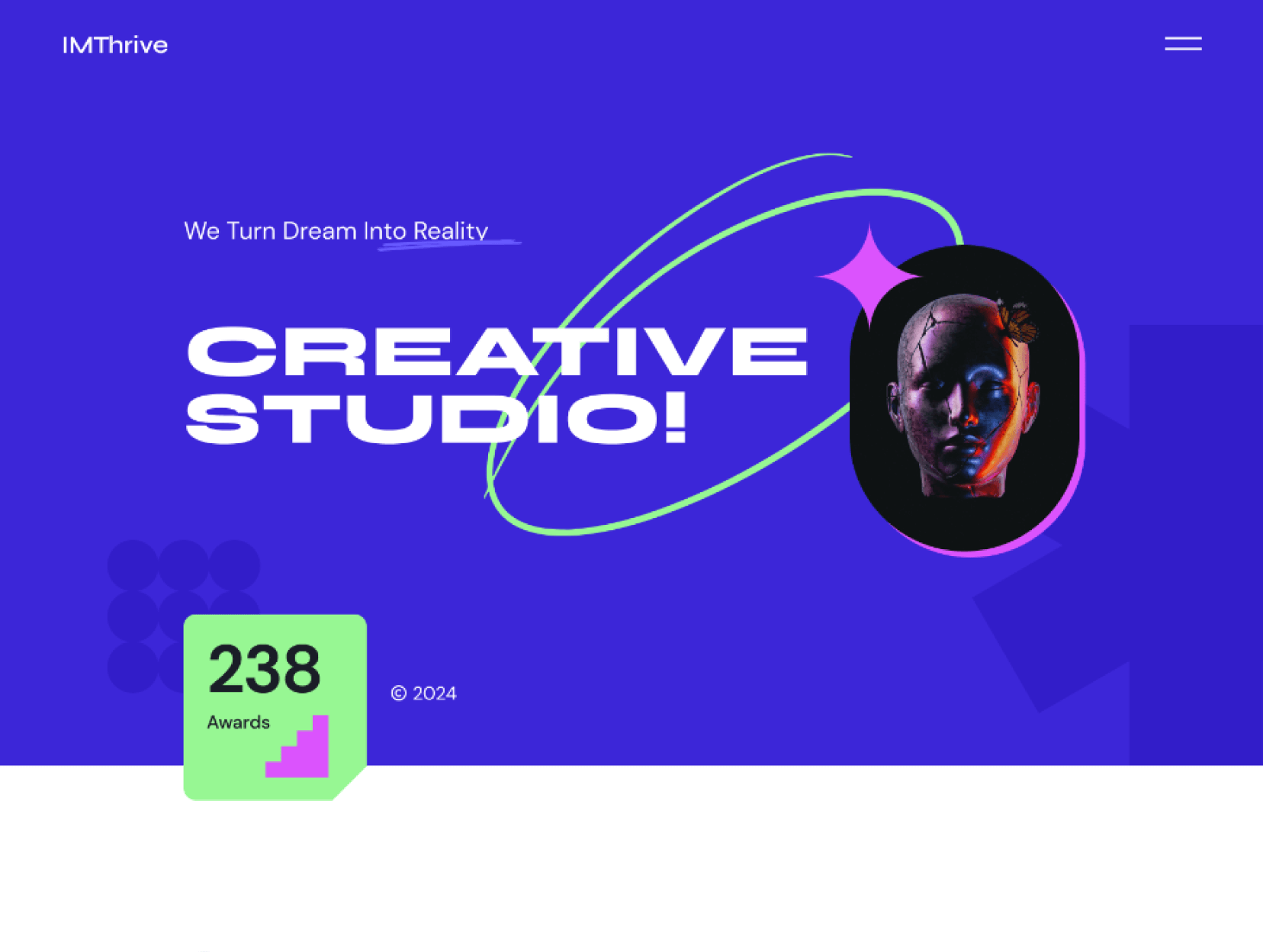 Blue hero banner with bold white 'CREATIVE STUDIO!' text, neon green looping rings, a stylized head graphic, and the caption 'We Turn Dream Into Reality' on the left; top-left IMThrive logo, top-right hamburger menu.