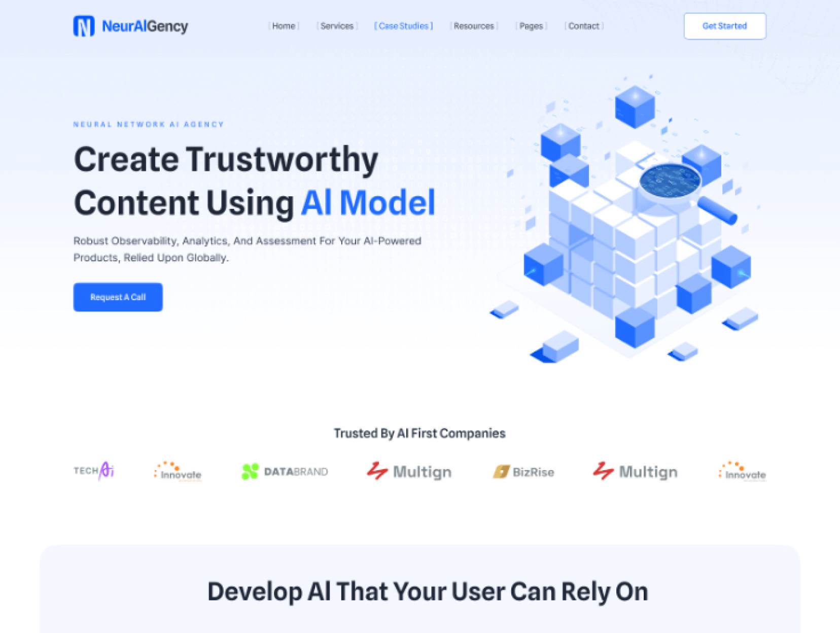 Hero banner with the NeurAIgency logo, headline 'Create Trustworthy Content Using AI Model', supporting text, blue 'Request A Call' button, and a blue geometric cube illustration on the right.